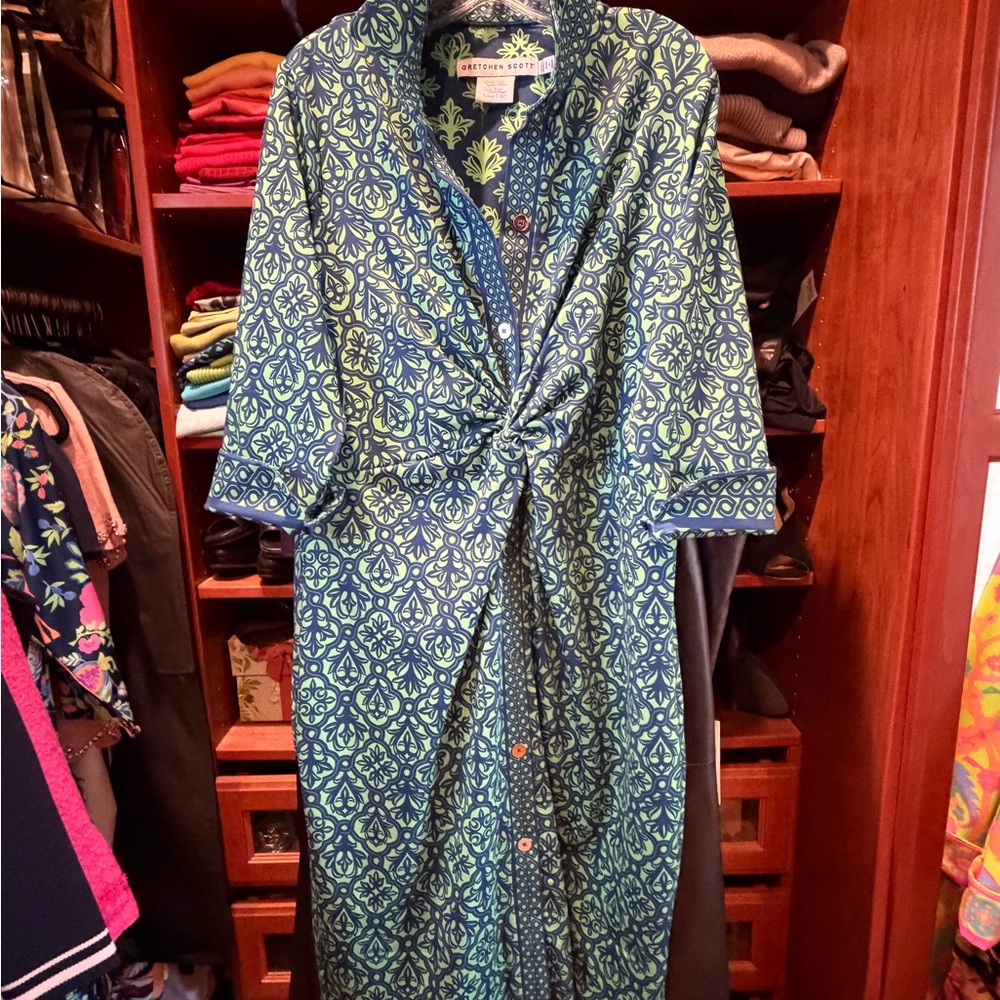 Gretchen Scott Twist and Shout Dress in blue and green.